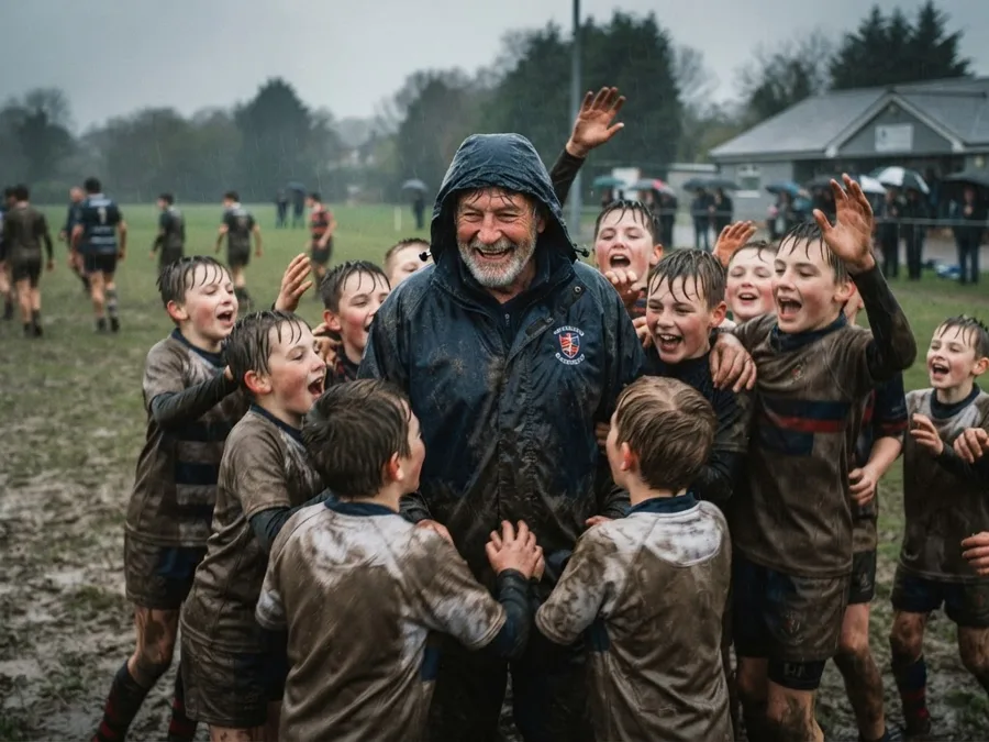 Illustrative scene of a volunteer coach celebrating with young rugby players
